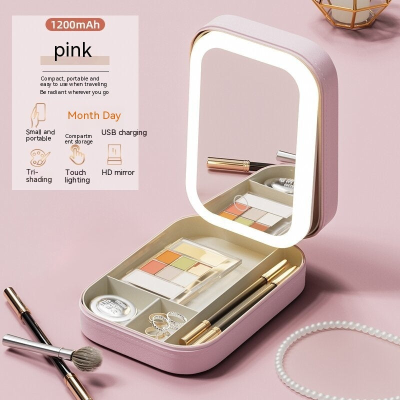 Portable LED Makeup Storage Box with Touch Light Mirror – Travel Cosmetic Organizer Case